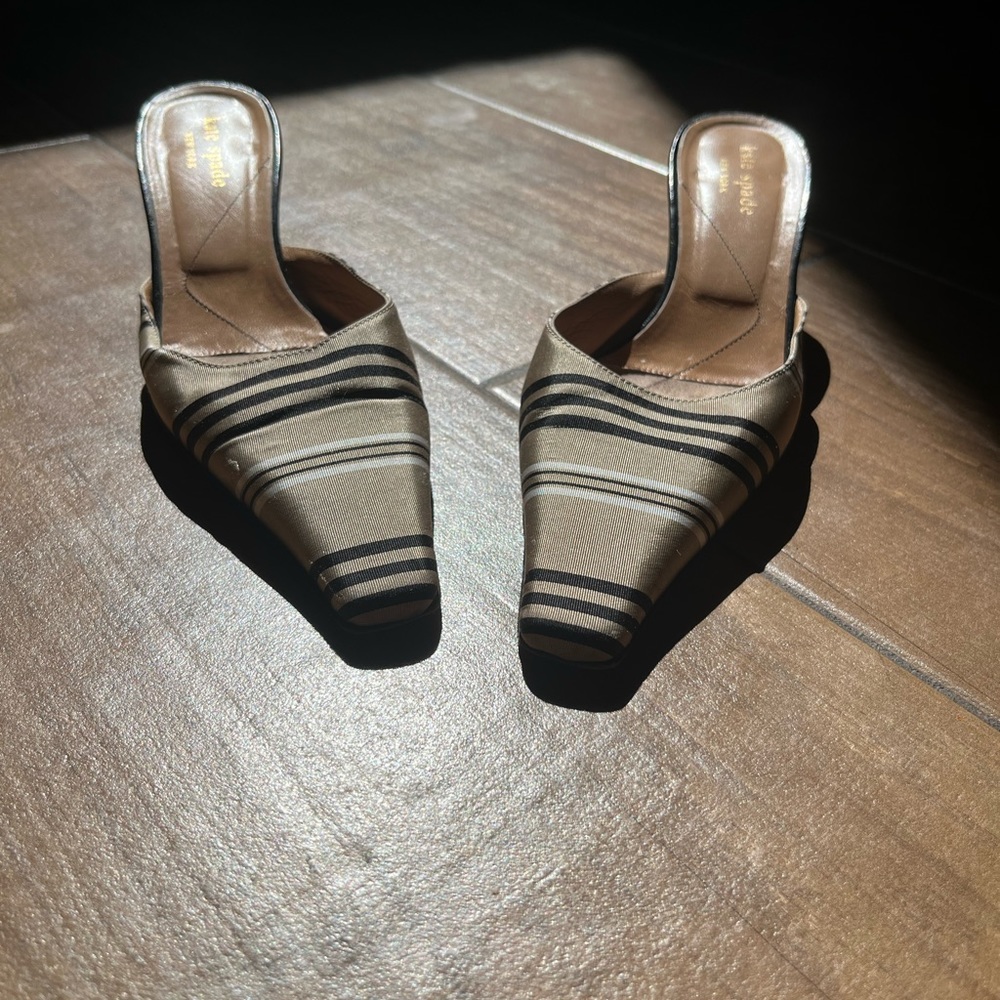 Kate Spade Tan and Black Striped Mules with short Heel